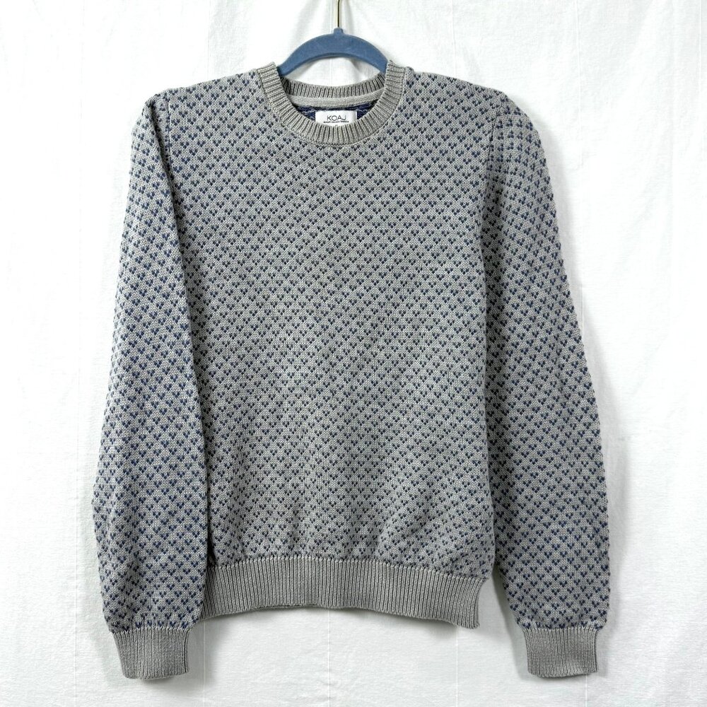 VTG Koaj Sweater Womens Sz M Gray/Blue Patterned Crewneck Knit Pullover 90s